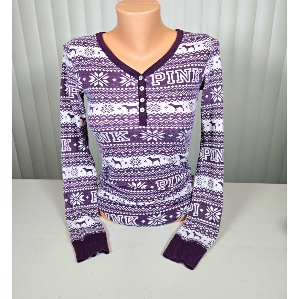 VS PINK Thermal Henley Top XS Purple Fair Isle Snowflake V-Neck Long Sleeve Knit